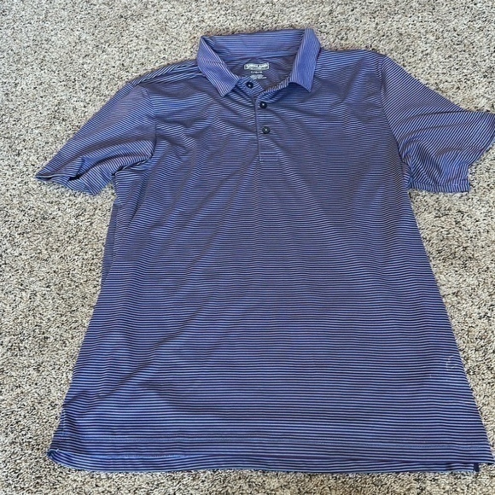 Kirkland Men’s Activewear Short Sleeve Polo in Red and Blue Stripe- looks Purple